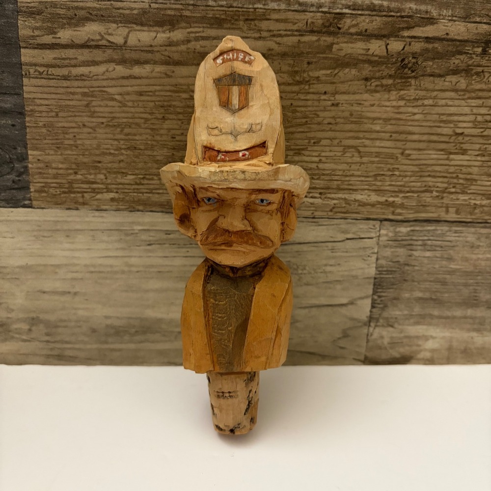 Hand Carved Wood Firefighter Chief Bottle Stopper Vintage Folk Art Fireman FD